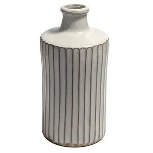 May include: A ceramic vase with a cream-colored top and a body with vertical, dark brown stripes. The vase has a narrow neck and a rounded base. The design is simple and elegant, suitable for home decor.