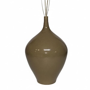 May include: A decorative, olive-green ceramic vase with a bulbous body and a narrow neck. The vase contains several dried stems. The vase has a speckled texture and a glossy finish, suitable for home decor.