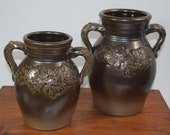X2 Rowe Pottery Works Cambridge, Wisconsin 2005 Albany Slip Maple Leaf Vases Jugs Crocks Set of 2 Limited Edition PERFECT 11.75 quot 9.25 quot