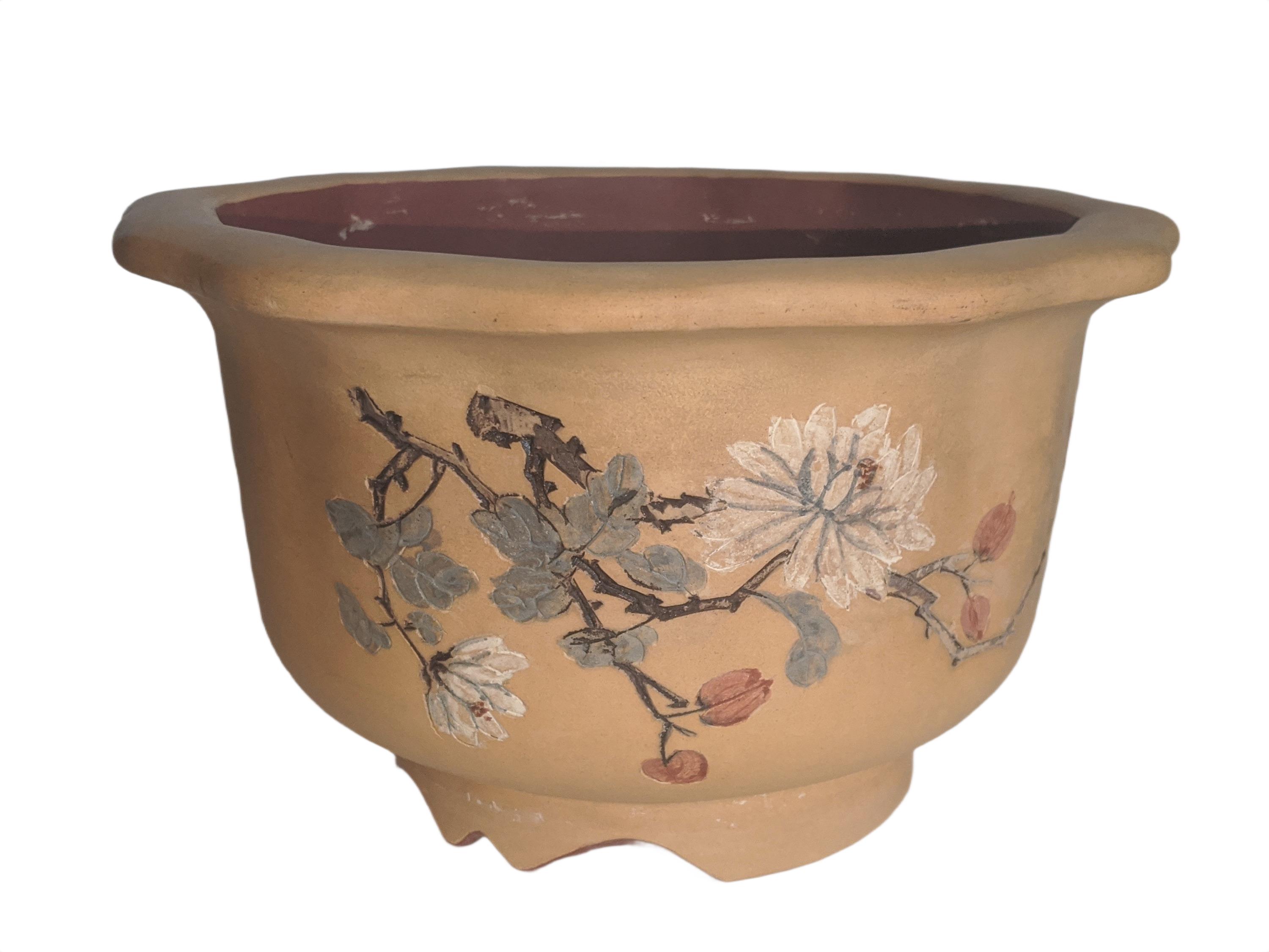 Vintage Chinese Zisha Style Planter - Hand-carved Chrysanthemum