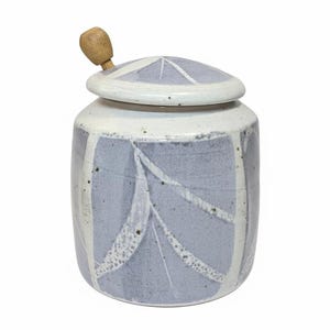 May include: A ceramic jar with a lid and a wooden handle. The jar is cylindrical with a light blue and white color scheme. The lid has a geometric design, and the jar has a leaf-like pattern.