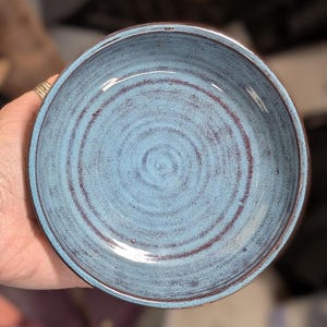 May include: A handmade ceramic bowl with a light blue glaze and dark brown concentric rings. The bowl has a slightly textured surface and a rounded shape, perfect for serving food or as a decorative piece.