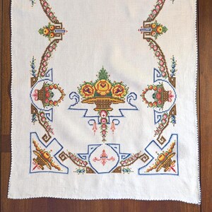 May include: A white rectangular table runner featuring intricate cross-stitch embroidery. The design includes a central basket of yellow and orange flowers, surrounded by symmetrical floral garlands, geometric blue borders, and small baskets.