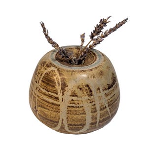 May include: A handcrafted, round ceramic vase with a textured, earthy brown and beige design. The vase contains dried lavender stems. The vase has a small opening and a light blue rim.
