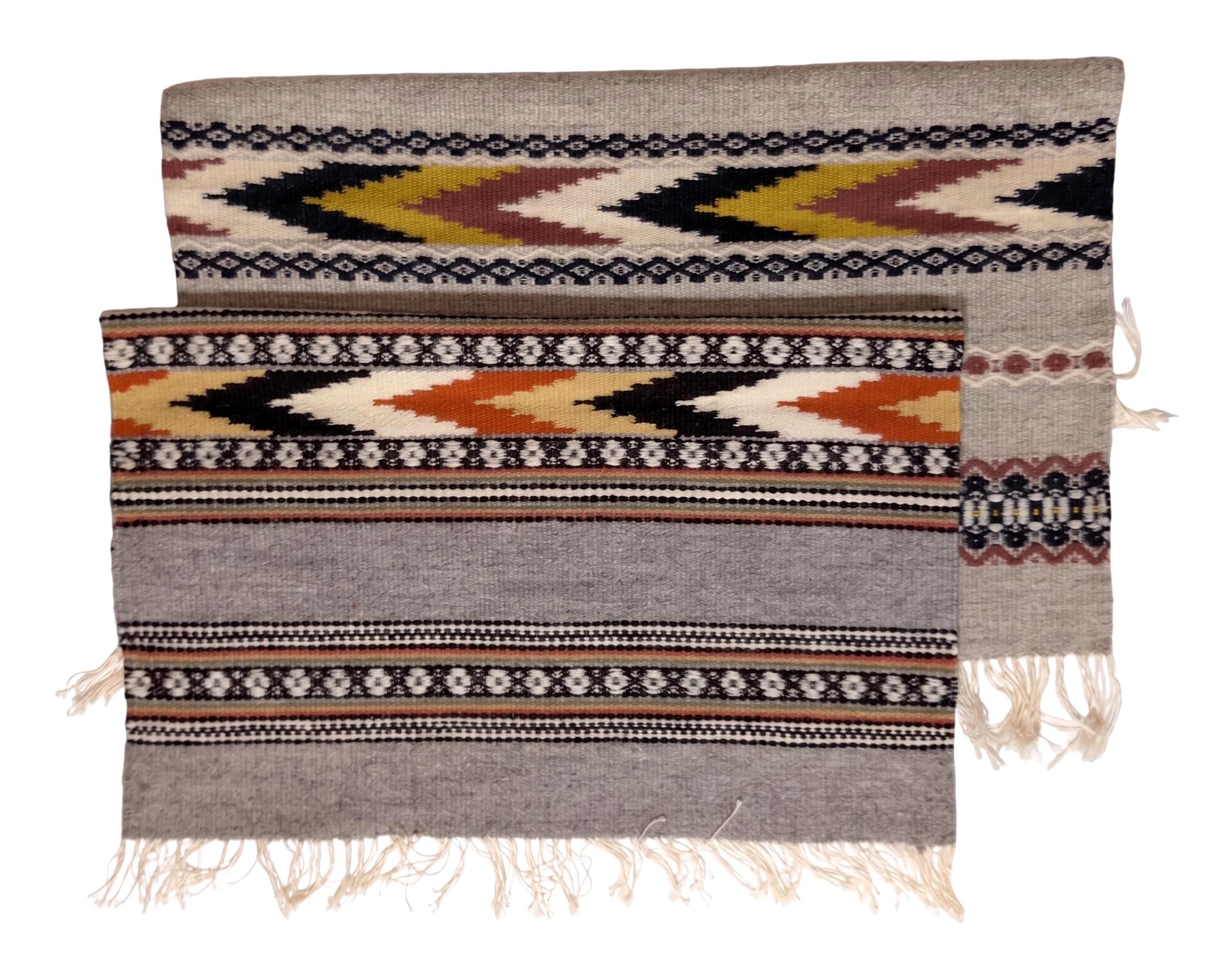 Pair Scandinavian Hand Woven Wool Table Covers Mats Runner 44" Vintage 1960's Flatweave 1800s Östergötland Design MCM Mid-Century