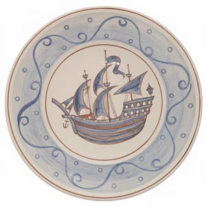 L Hjorth Denmark 13.5" Clipper Ship Bowl Studio Pottery Terra Cotta Signed Hand Painted (Lauritz Adolph)