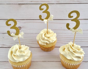 Number 3 cake topper   3 cupcake topper  Gold glitter topper   Third Birthday  Number 3 cake topper  Gold cupcake topper   Gold cake banner
