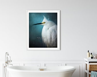 California snowy egret, signed fine art white heron print, vertical blue coastal wall decor, bird photography