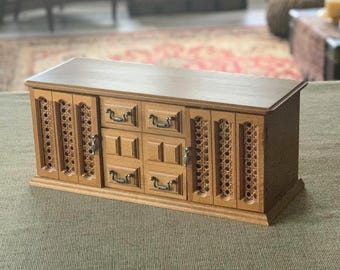 Vintage Wooden Jewelry Box | 8-Drawer Organizer with Carved Doors