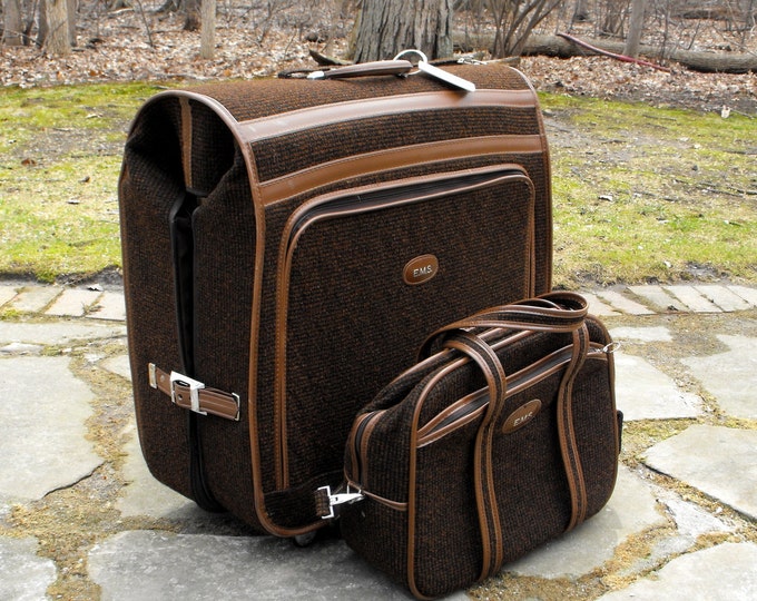 Vintage Luggage Set Skyway Extra Large Tweed Soft Sided Garment Bag With Keys Matching Carryon