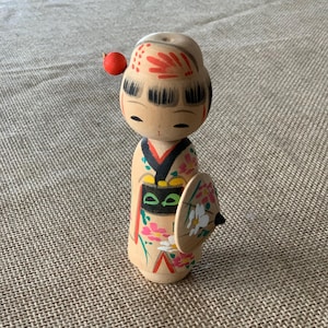 Vintage Japanese Kokeshi Doll with Parasol |  Hand Painted Wood Folk Art Doll | Small Wooden Kokeshi Doll | Japanese Wooden Doll