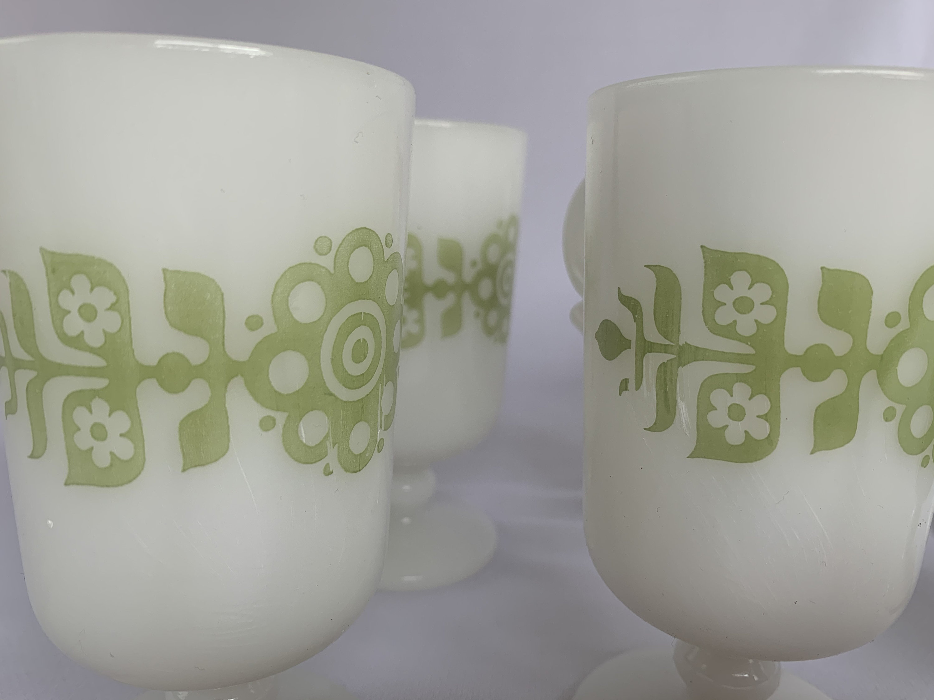 Set of Six Vintage Milk Glass Coffee Cups Green Floral Mod Etsy