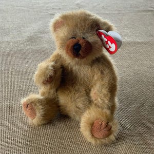 May include: A soft, brown teddy bear with a dark brown nose and paw pads. The bear has a red and white tag attached to its ear. The bear is sitting on a textured, neutral-coloured surface.