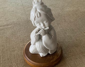 Vintage Enesco Porcelain Figurine | Child Playing Flute | Glossy Glaze | Asian Decor