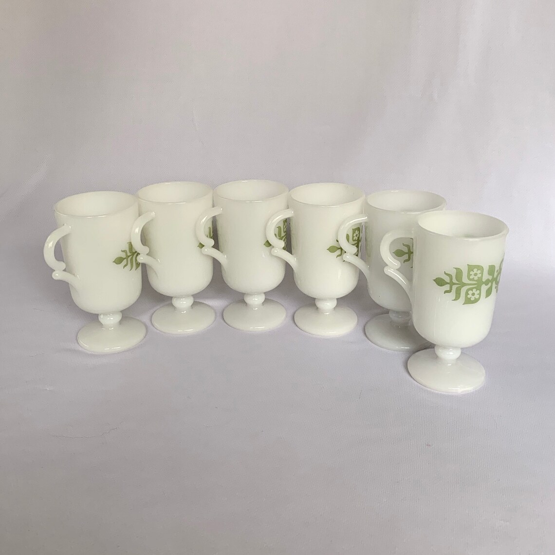 Set of Six Vintage Milk Glass Coffee Cups Green Floral Mod Etsy