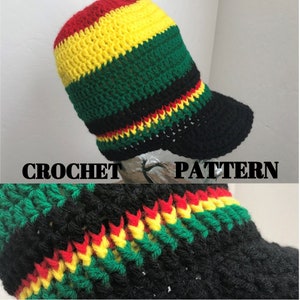 May include: Crochet pattern for a black, green, yellow, and red striped beanie with a black brim. The beanie is made with a simple stitch and has a relaxed fit.