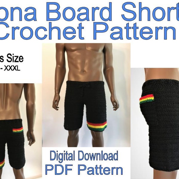 Kona Rasta Board Shorts - Mens  S-XXXL Crochet PATTERN - PDF Digital File