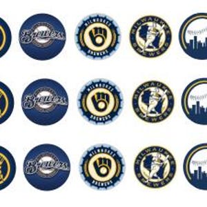 May include: A collection of twenty-four circular stickers featuring various Milwaukee Brewers baseball team logos, including the state of Wisconsin with an M, a baseball glove, a baseball, the Brewers script, and city skyline designs in blue and gold.