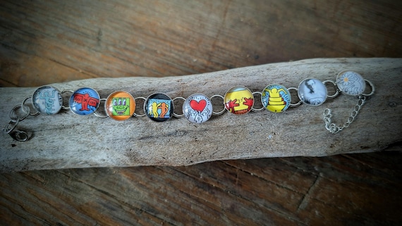 Keith Haring Pop Art Handmade Charm Bracelet, Stainless Steel & Glass