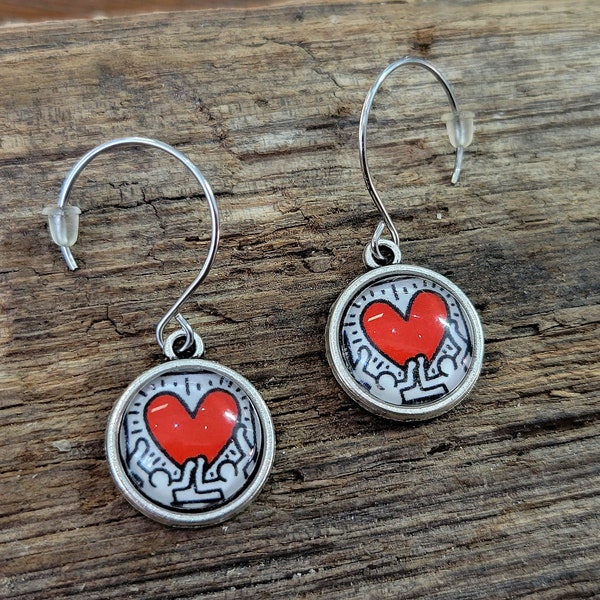 Handmade Glass Love Earrings Pop Art Keith Haring Dangle Hoop
