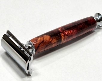 Elegant Handcrafted Hybrid Wood/Acrylic Classic Safety Razor with Chrome-Plated Brass Components