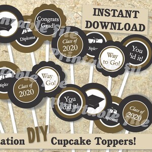 black and gold Graduation cupcake topper printable template DIY