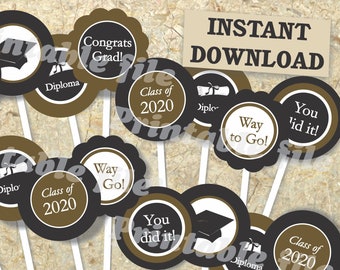 Afdrukbare sjabloon Afstuderen cupcake topper zwart en goud DIY