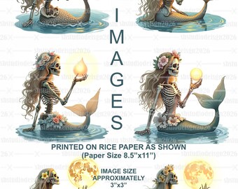 Papel de arroz con diseño de sirena esqueleto de fantasía gótica / Lámina para manualidades de decoupage / 6 imágenes / Arte con conchas marinas / Material para diario creativo