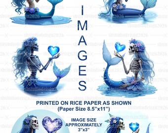 Papel de arroz con diseño de sirena esqueleto de fantasía gótica / Lámina para manualidades de decoupage / 6 imágenes / Arte con conchas marinas / Material para diario creativo