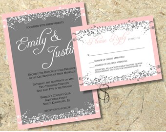 Pink and gray floral Wedding Invitation and RSVP printable Set