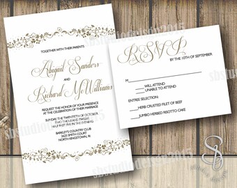 gold and black floral Wedding Invitation and RSVP Set