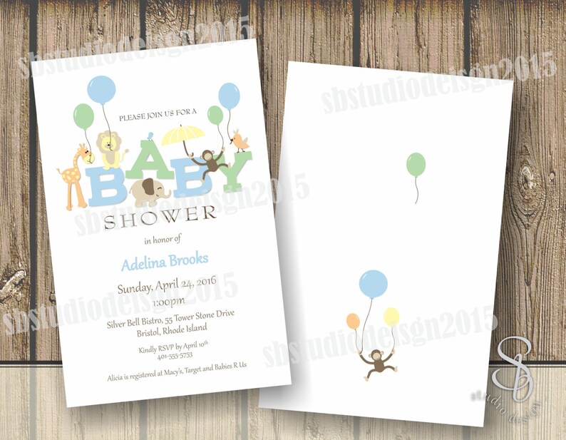 Puede incluir: Una invitaci&oacute;n a un baby shower con un esquema de color azul, verde y amarillo. La invitaci&oacute;n presenta un mono, una jirafa, un elefante y un le&oacute;n de dibujos animados sosteniendo globos. El texto de la invitaci&oacute;n dice: "Por favor, &uacute;nase a nosotros para un Baby Shower en honor a Adelina Brooks, domingo 24 de abril de 2016, 1:00 pm, Silver Bell Bistro, 55 Tower Stone Drive, Bristol, Rhode Island. Por favor, confirme su asistencia antes del 30 de abril, 401-553-5753. Alicia est&aacute; registrada en Macy's, Target y Babies R Us."