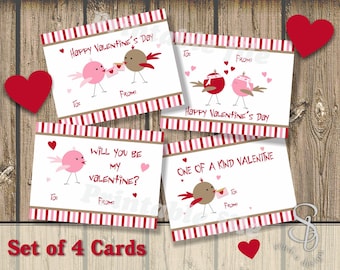 Set de 4 San Valentín infantiles imprimibles. Tarjetas de San Valentín de bricolaje. Descarga instantánea
