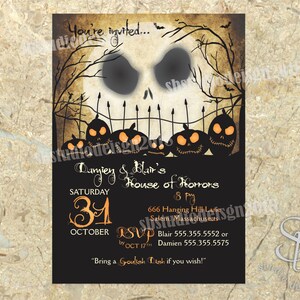 May include: A black and orange Halloween party invitation with a Jack Skellington illustration and the text "Danyiey & Blar's House of Horrors" and "Saturday, October 31st, 8 PM".