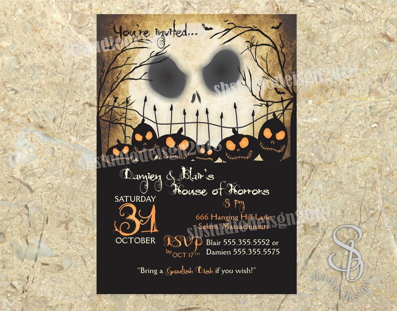 May include: A black and orange Halloween party invitation with a Jack Skellington illustration and the text "Danyiey & Blar's House of Horrors" and "Saturday, October 31st, 8 PM".