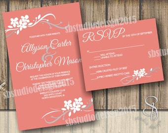 floral Wedding Invitation and RSVP Set coral