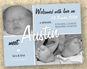 May include: A blue and white baby announcement card with a photo of a newborn baby. The card says "Welcomed with love on 28 November 2006" and "meet Austin". It also says "8 pounds, 2 ounces measuring 20 inches".