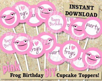 Adornos para cupcakes de cumpleaños con forma de rana rosa, descarga instantánea