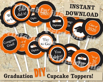 Adorno para cupcakes de graduación en naranja y negro, plantilla imprimible DIY