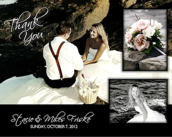 Tarjeta de fotos de boda de agradecimiento en blanco y negro de 2 lados