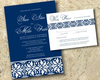 Navy damask DIY Wedding Invitation y RSVP Set
