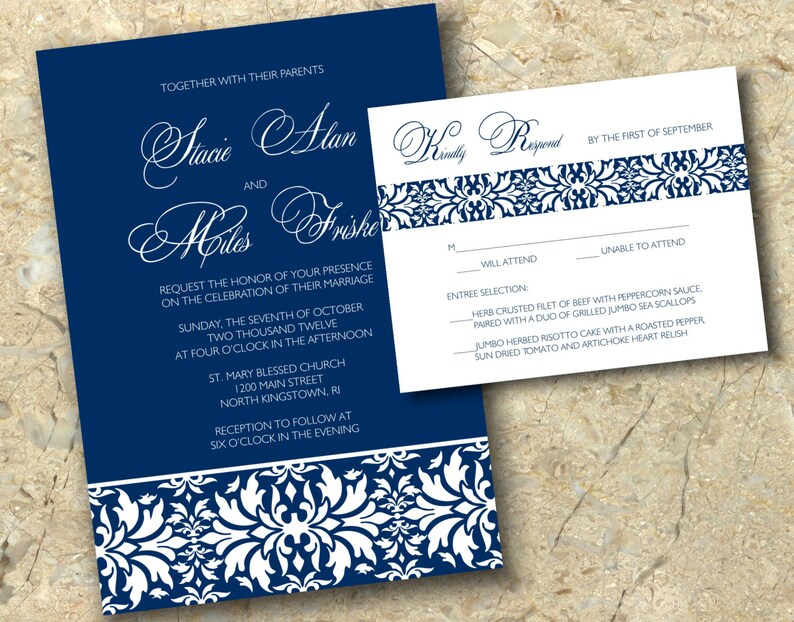Navy Damask Diy Wedding Invitation And Rsvp Set Etsy