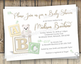 Invitación para baby shower con bloques ABC (PDF)