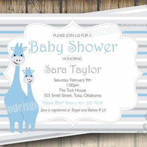 May include: A baby shower invitation with a blue and gray striped background. The invitation features two blue giraffes and the text "Please join us for a Baby Shower honoring Sara Taylor". The invitation also includes the date, time, location, and RSVP information.