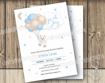 Invitación para baby shower con osito de peluche y globos azules (archivo PDF)