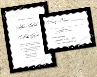 Conjunto de invitación de boda elegante en color negro y RSVP imprimible DIY