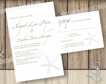 white and gold starfish wedding invitation set