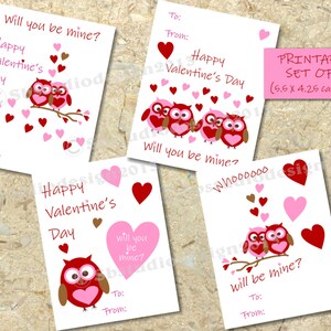 Printable kids owl valentine card, DIY valentine set instant download