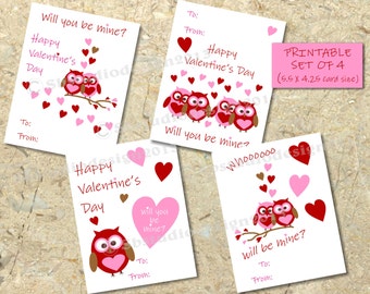 Printable kids owl valentine card, DIY valentine set instant download