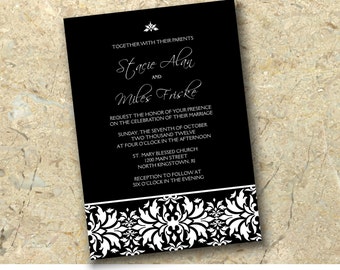 Black and white wedding invitation damask